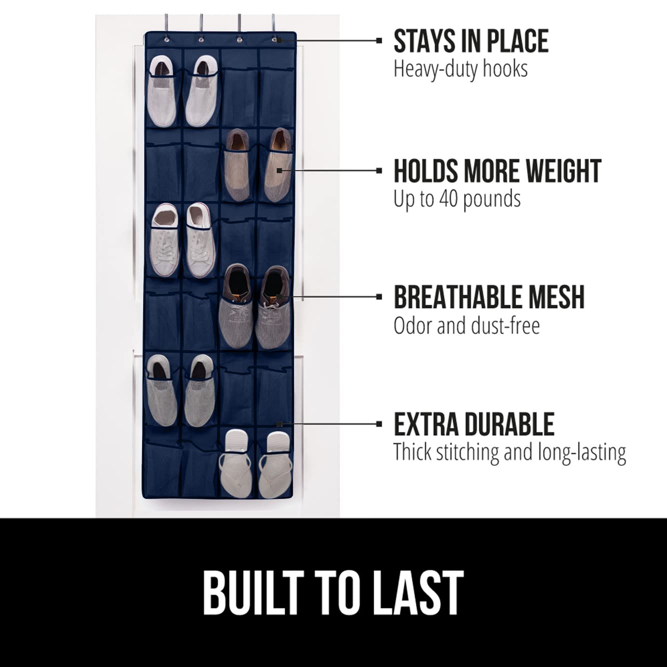 Gorilla Grip Over The Door Shoe Organizer, 24 Large Breathable Mesh Pockets, Space Saving Hanging Storage Holder, Closet Rack Hanger Holds Up To 40 Lbs, Hangs On Closets For Shoes, Accessories, Navy