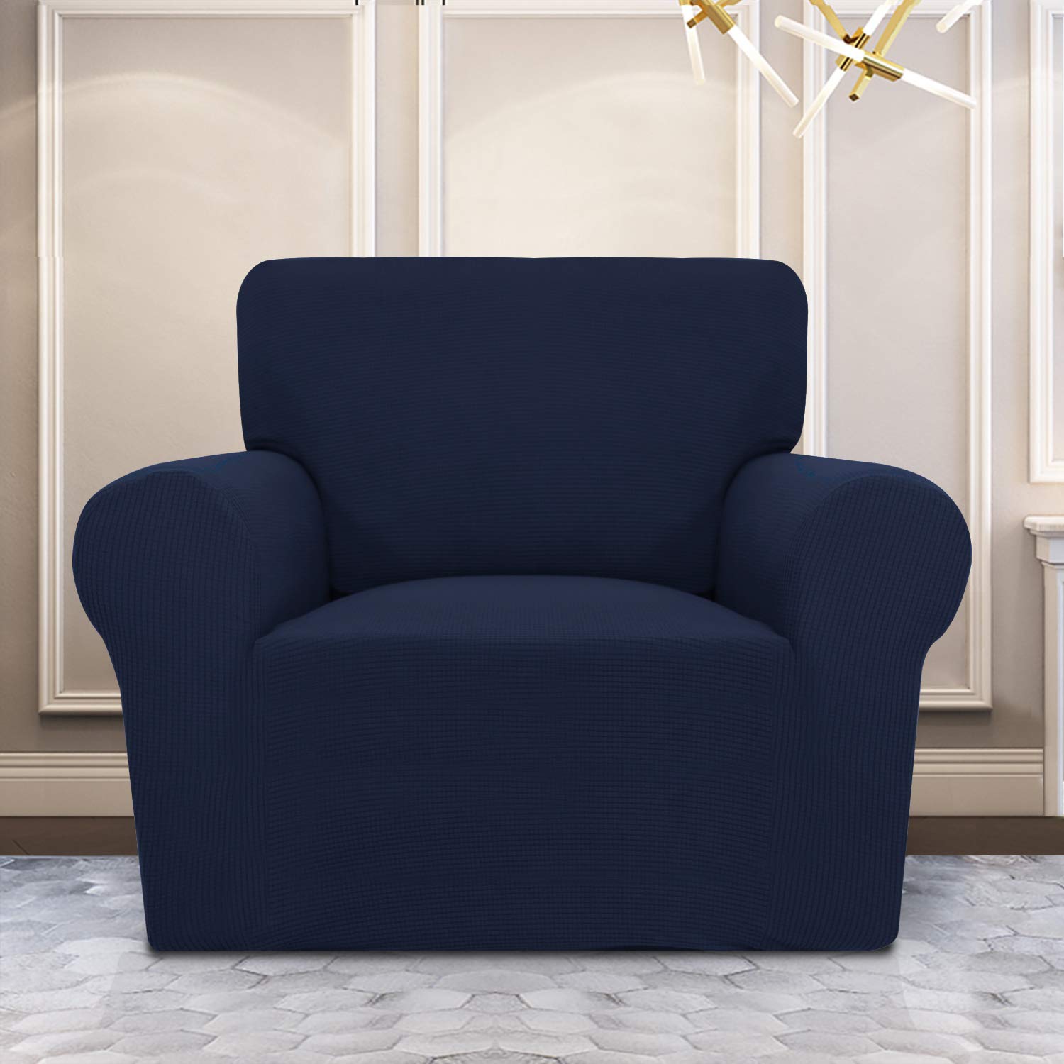 Purefit Stretch Chair Sofa Slipcover – Spandex Jacquard Non Slip Soft Couch Sofa Cover, Washable Furniture Protector With Non Skid Foam And Elastic Bottom For Kids (Chair, Navy)