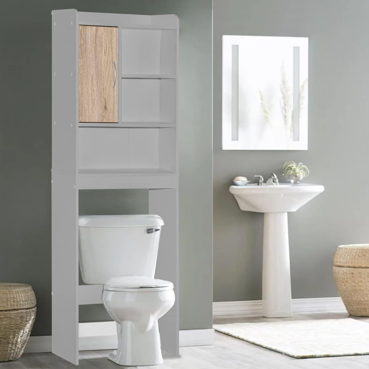 Woodpeckers Furniture And Mattress Ace Over The Toilet Storage Cabinet (Light Gray + Natural Oak)