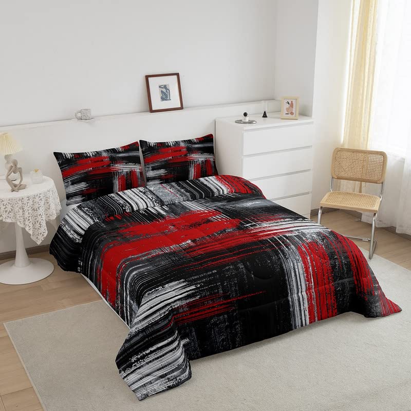 Feelyou Red Black And Grey Comforter Geometric Artistic Smear Comforter Set Abstract Graffiti Art Bedding Set Contemporary Moder