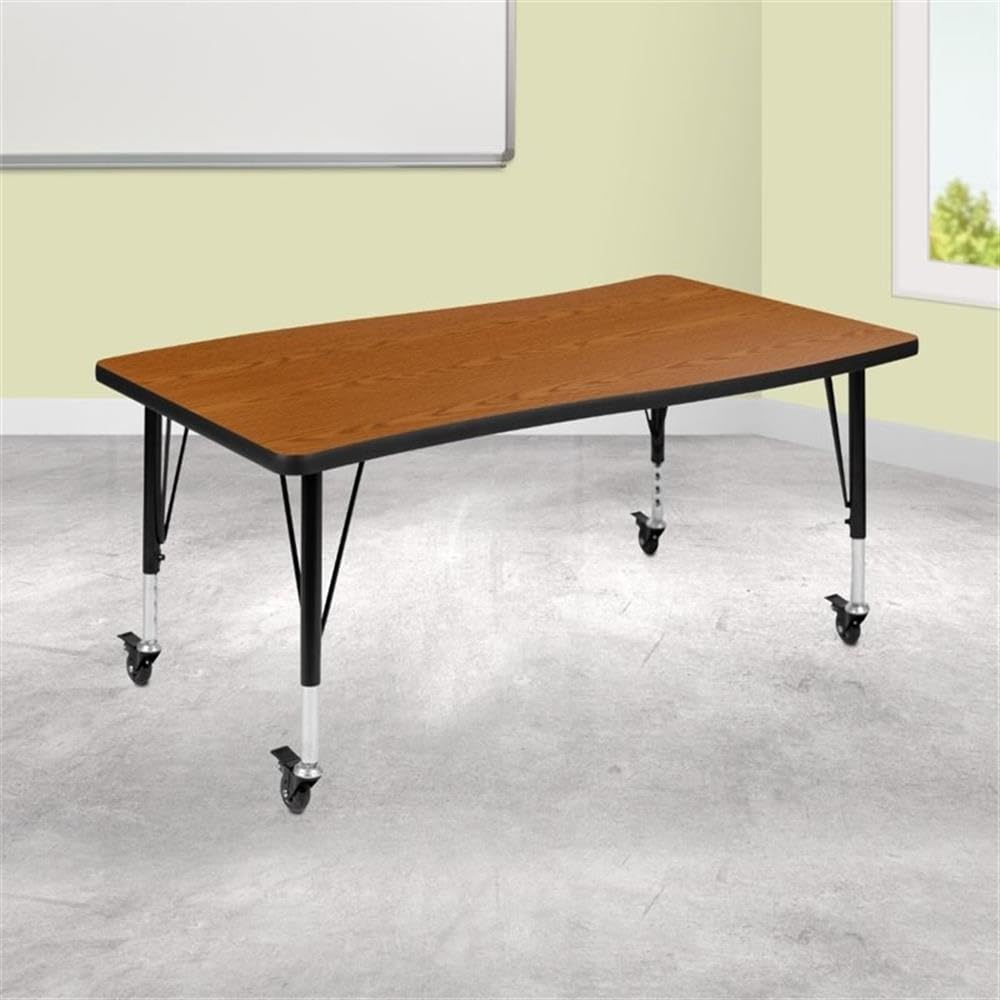 Flash Furniture Wren Mobile 28'W X 47.5'L Rectangular Wave Flexible Collaborative Oak Thermal Laminate Activity Table - Height Adjustable Short Legs