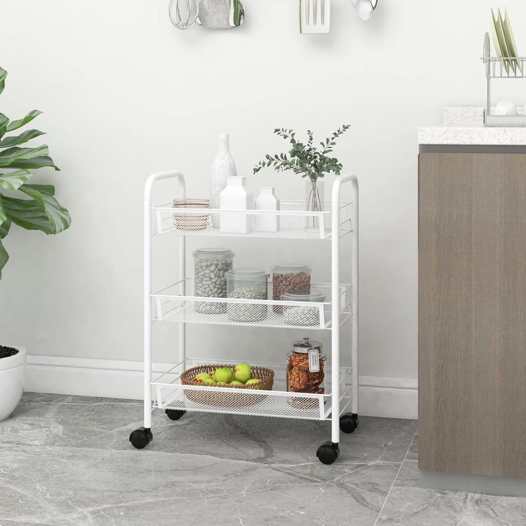 vidaXL 3-Tier Iron Kitchen Trolley in White - Mobile Cart with Removable Mesh Baskets for Kitchen, Bathroom, and Office use