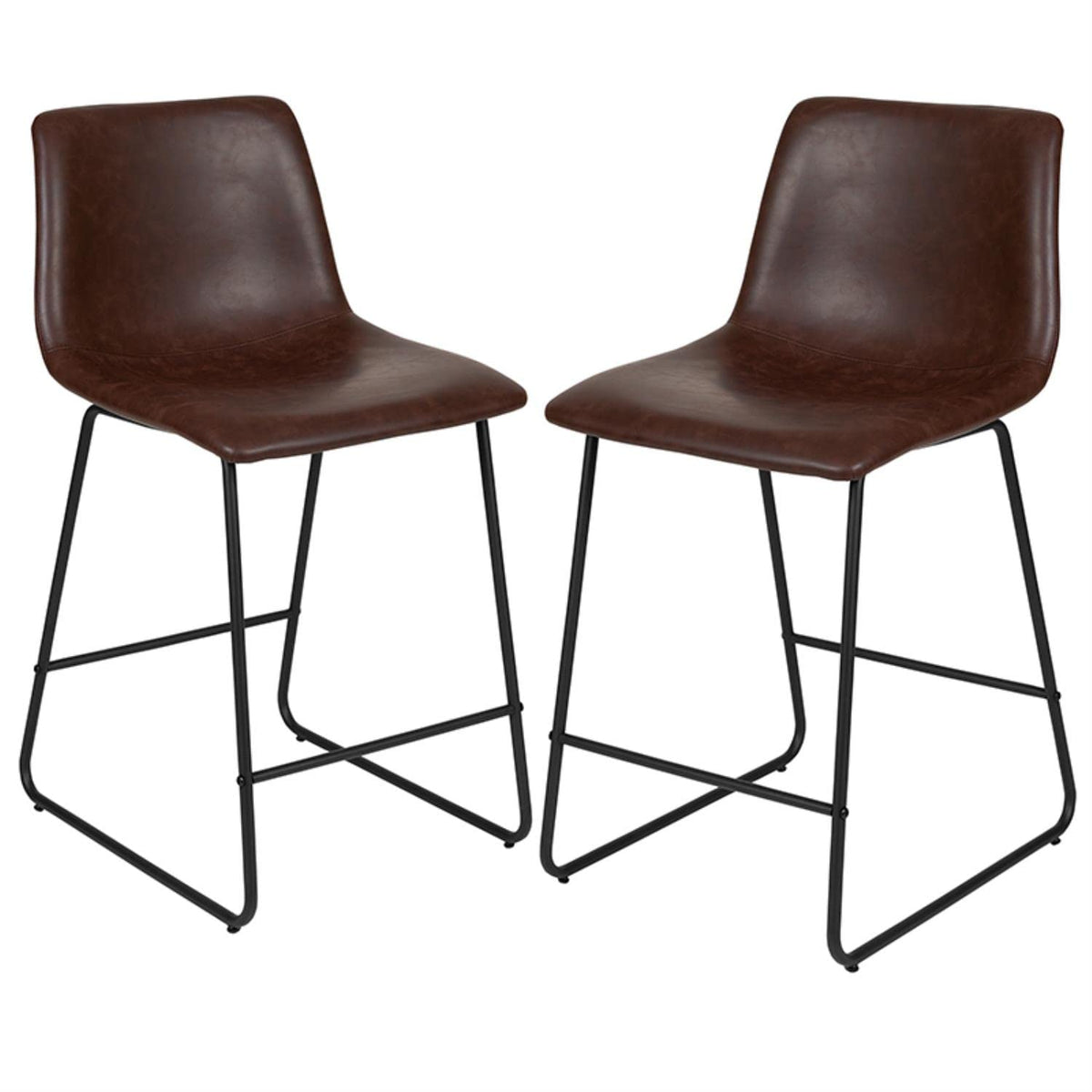 Flash Furniture Reagan 24&quot; LeatherSoft Counter Height Stools with Footrest, Mid-Century Modern Bucket Style Dining Chairs, Set of 2, Dark Brown