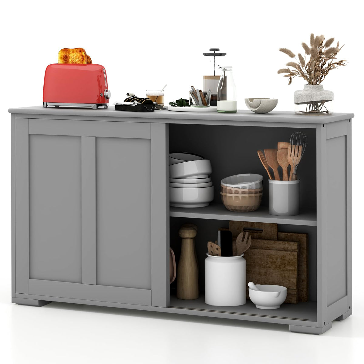 Costzon Sideboard Buffet Cabinet, Wooden Kitchen Storage Cabinet With Adjustable Shelf, Sliding Barn Door, Accent Coffee Bar Cabinet Console Table For Living Room, Dining Room, Hallway (Grey)