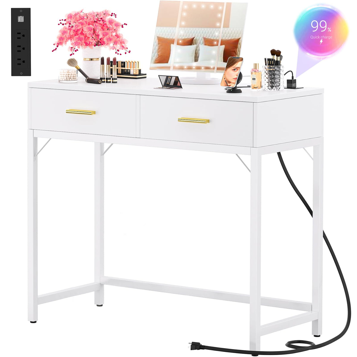 Cyclysio Vanity With Charging Station, White Vanity Desk With Lighted Mirror, Tri-Fold, Modern Makeup Vanity Set With Drawers And 3 Outlets & 2 Usb, 26'' Vanitys Table With Lights, White (No Stool)