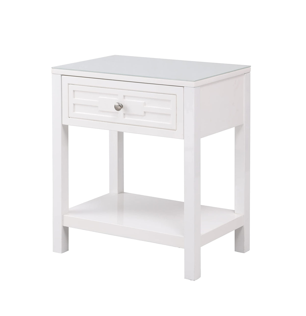 Lilola Home Dylan White Wooden End Side Table Nightstand with Glass Top and Drawer