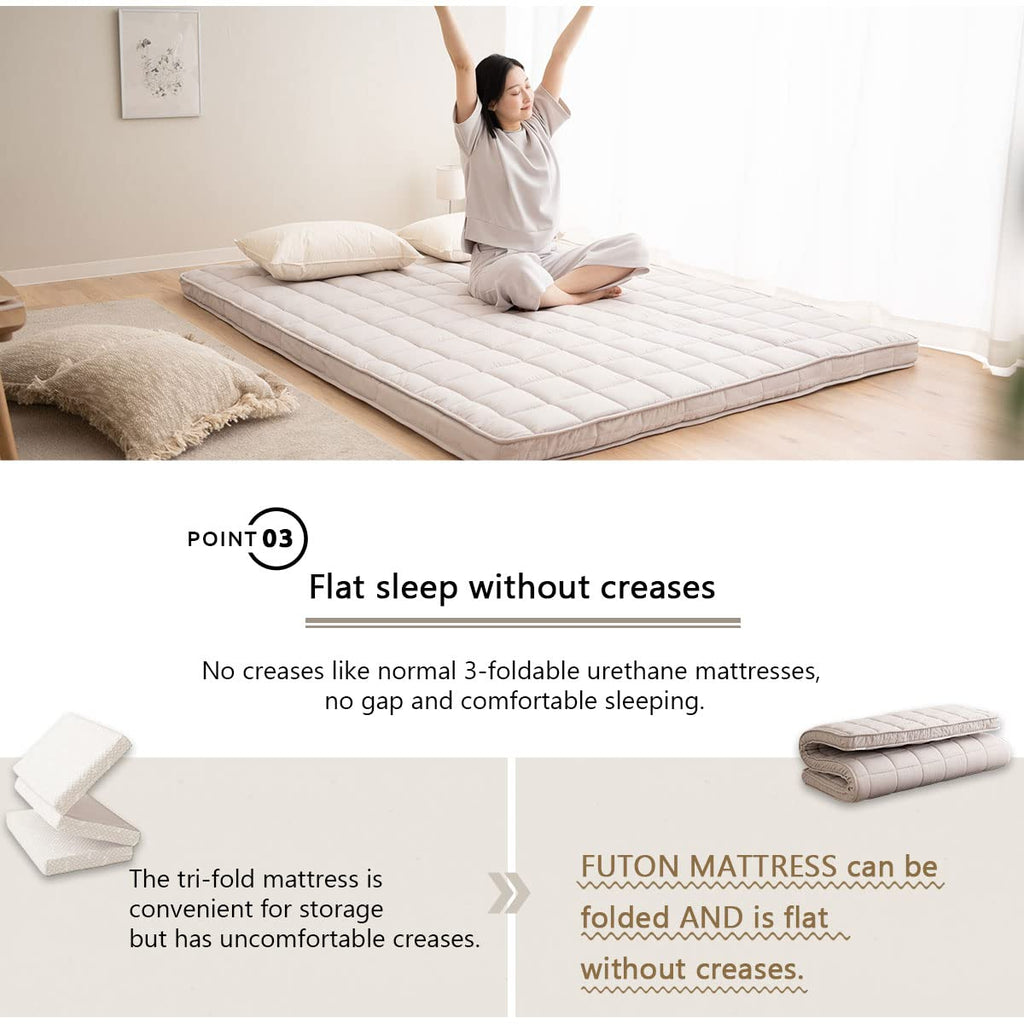 Emoor Japanese Padded Futon Mattress Machi King Gray, Gusset Foldable Storable Elastic Bands Floor Sleeping Guest Bed Tatami Mat