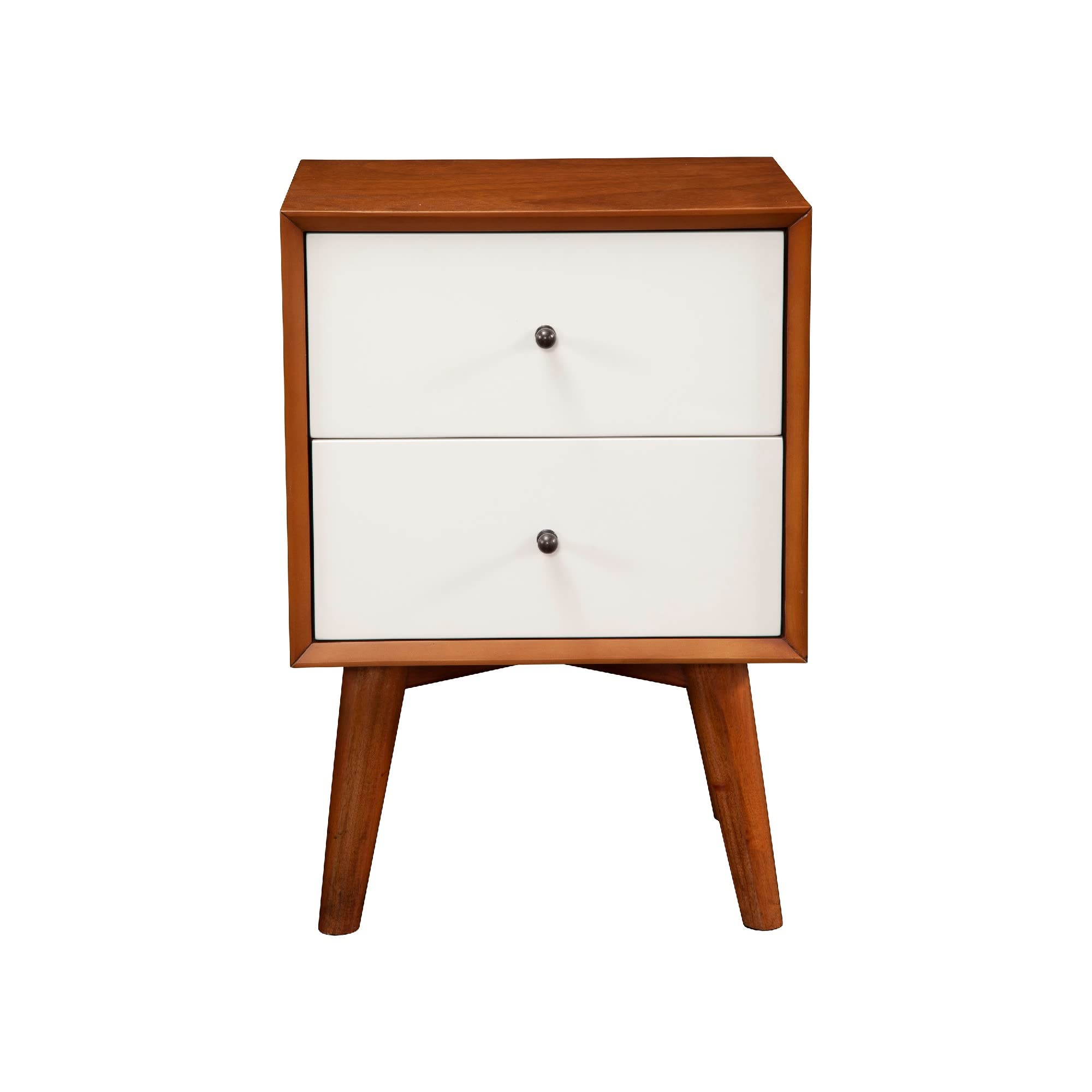 Benjara Stylish Wooden Nightstand with Two Drawers and Flared Legs, Brown and White