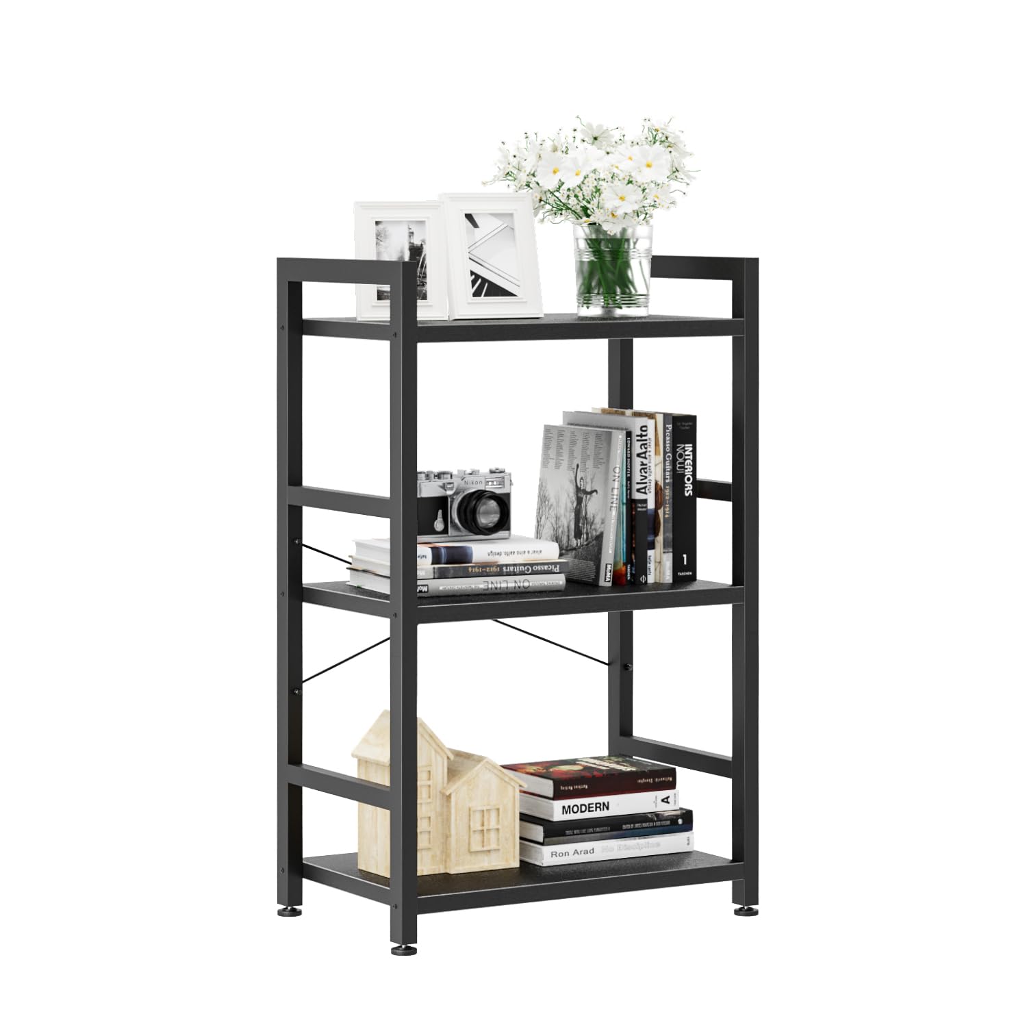 Numenn 3 Tier Slim Bookshelf, Bookcase Shelf Storage Organizer, Modern Book Shelf For Bedroom, Living Room And Home Office, Black