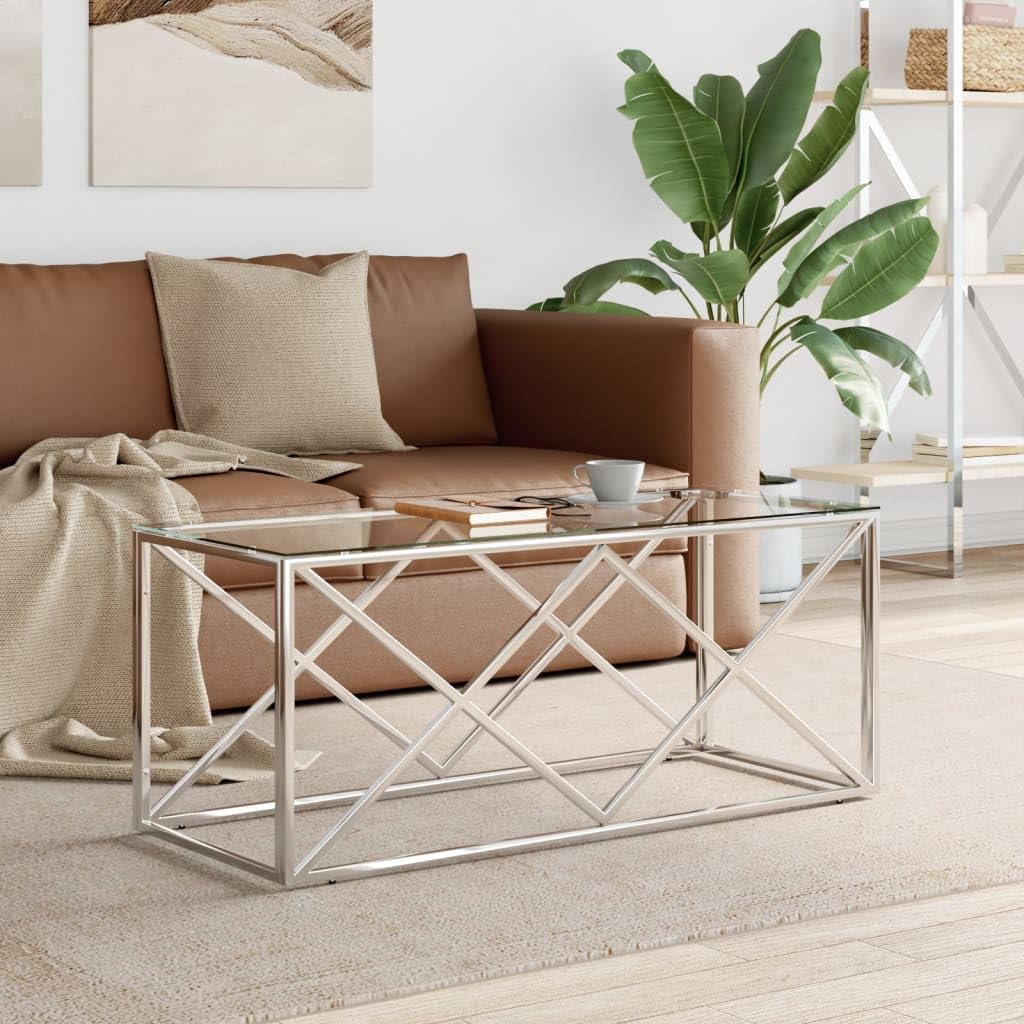 vidaXL Stainless Steel and Tempered Glass Coffee Table - Industrial Style Accent Side Table for Living Room, Lounge, Silver Rectangular Top