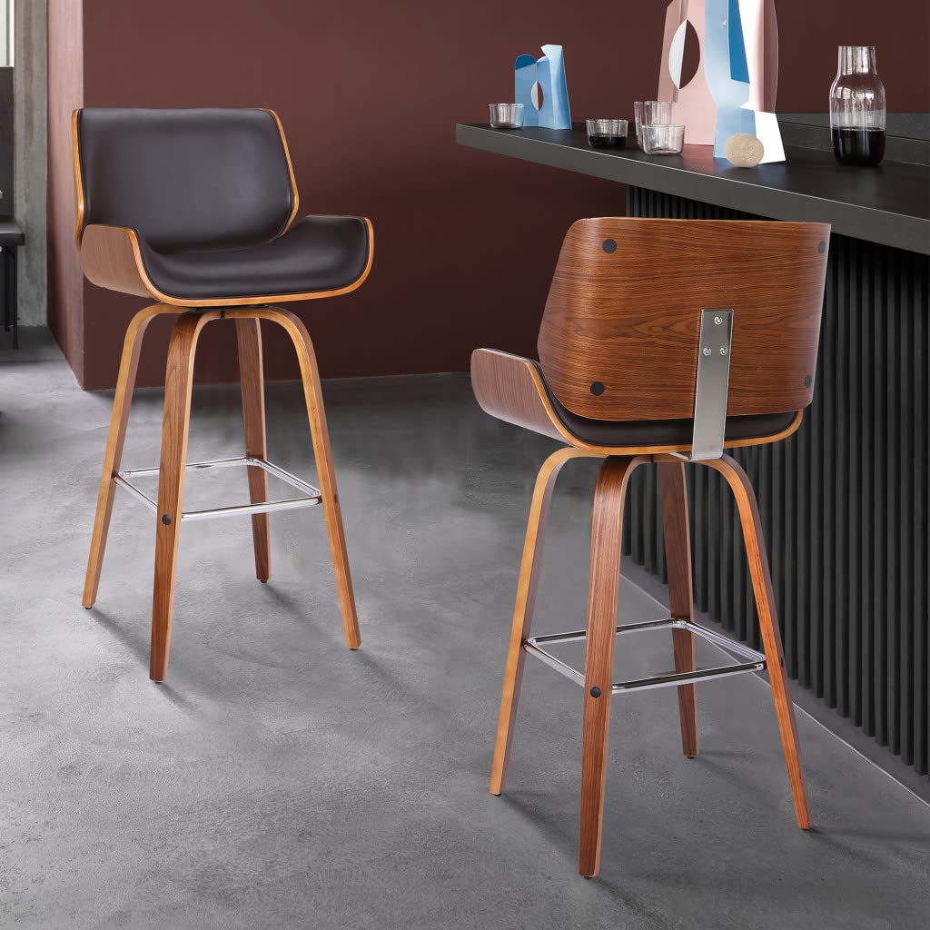 HomeRoots Poplar, Faux Leather, Chrome Metal 26' Brown Faux Leather Wooden Base Bar Stool