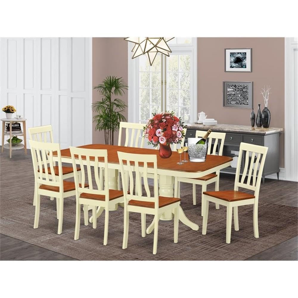 East West Furniture NAAN9-WHI-W 9 Piece Dining Room Table Set Includes a Rectangle Kitchen Table with Butterfly Leaf and 8 Dining Chairs, 40x78 Inch, Buttermilk & Cherry