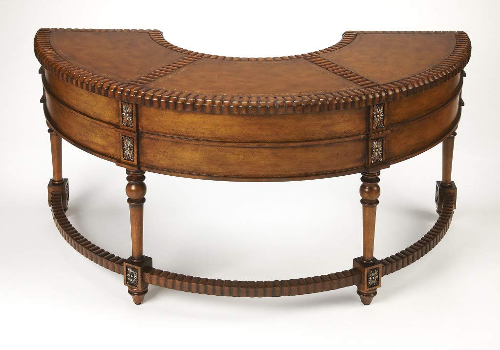 HomeRoots Dark Brown Wood Solids, Wood Veneers, Resin, Leather Crescent Shape Brown Hand Carved Desk with One Center and Four Side Drawers