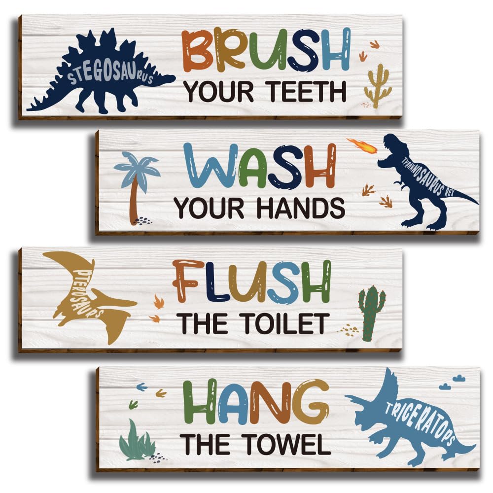 HIWERAN 4 Pcs Watercolor Dinosaur Bathroom Wall Decor Signs, Funny Bathroom Rules Wood Hanging Sign Toilet Restroom Wall Decor, 