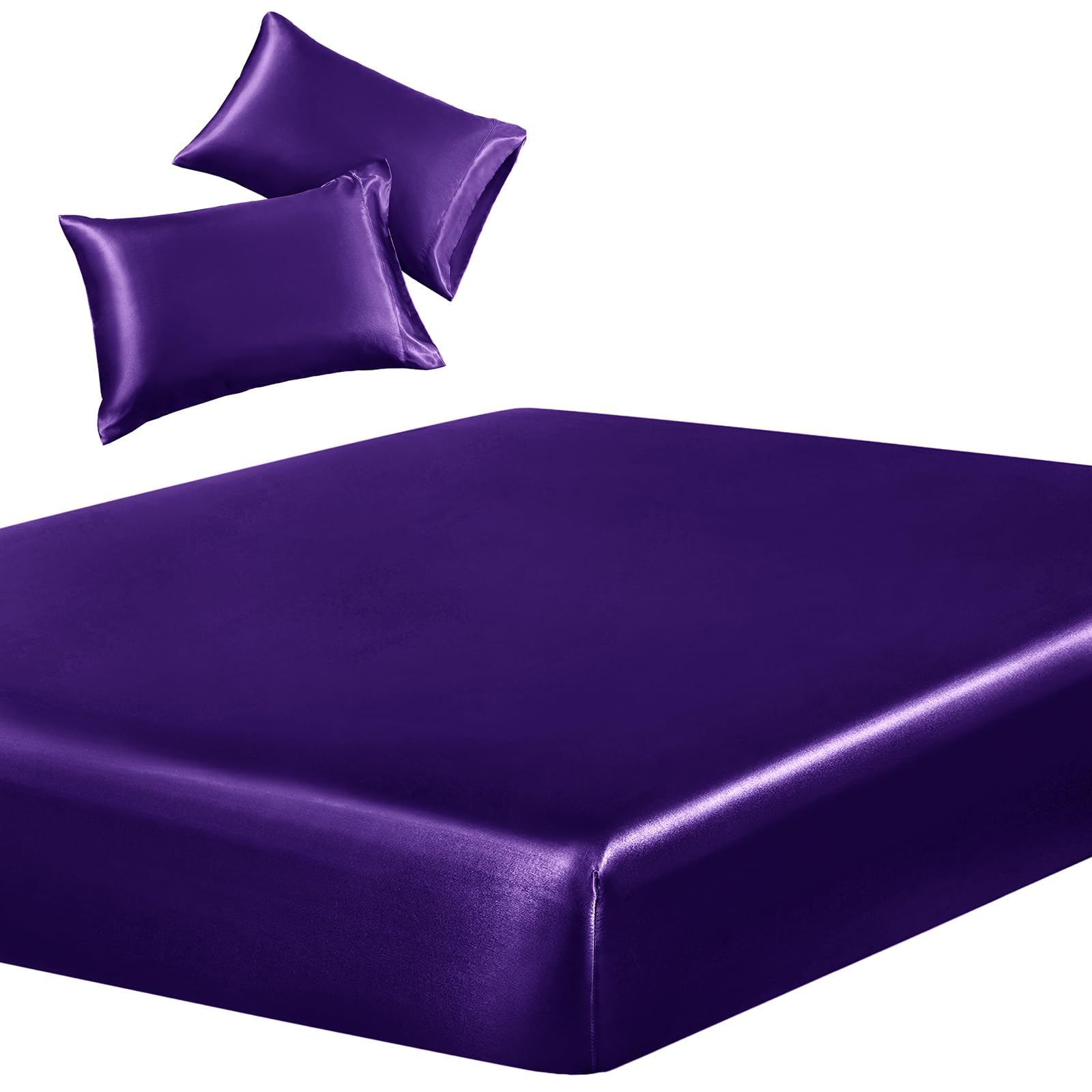 SiinvdaBZX 3-Piece Set Satin Full Fitted Sheet & 2 Pillowcase, Purple Silky Soft Fitted Bottom Sheet, Wrinkle Free, Fade Resista