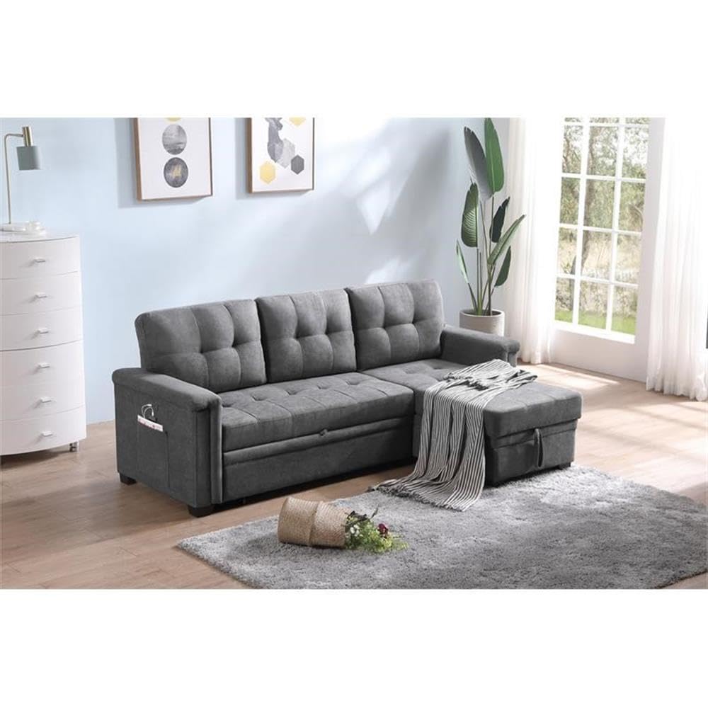 Lilola Home Kinsley Gray Woven Fabric Sleeper Sectional Sofa Chaise with USB Charger and Tablet Pocket