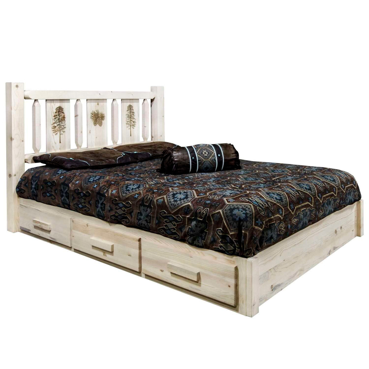 Montana Woodworks Pine Tree Design Laser Engraved Platform Bed in Ready to Finish (Cal King:94 in. L x 76 in. W x 47 in. H (266 lbs.))