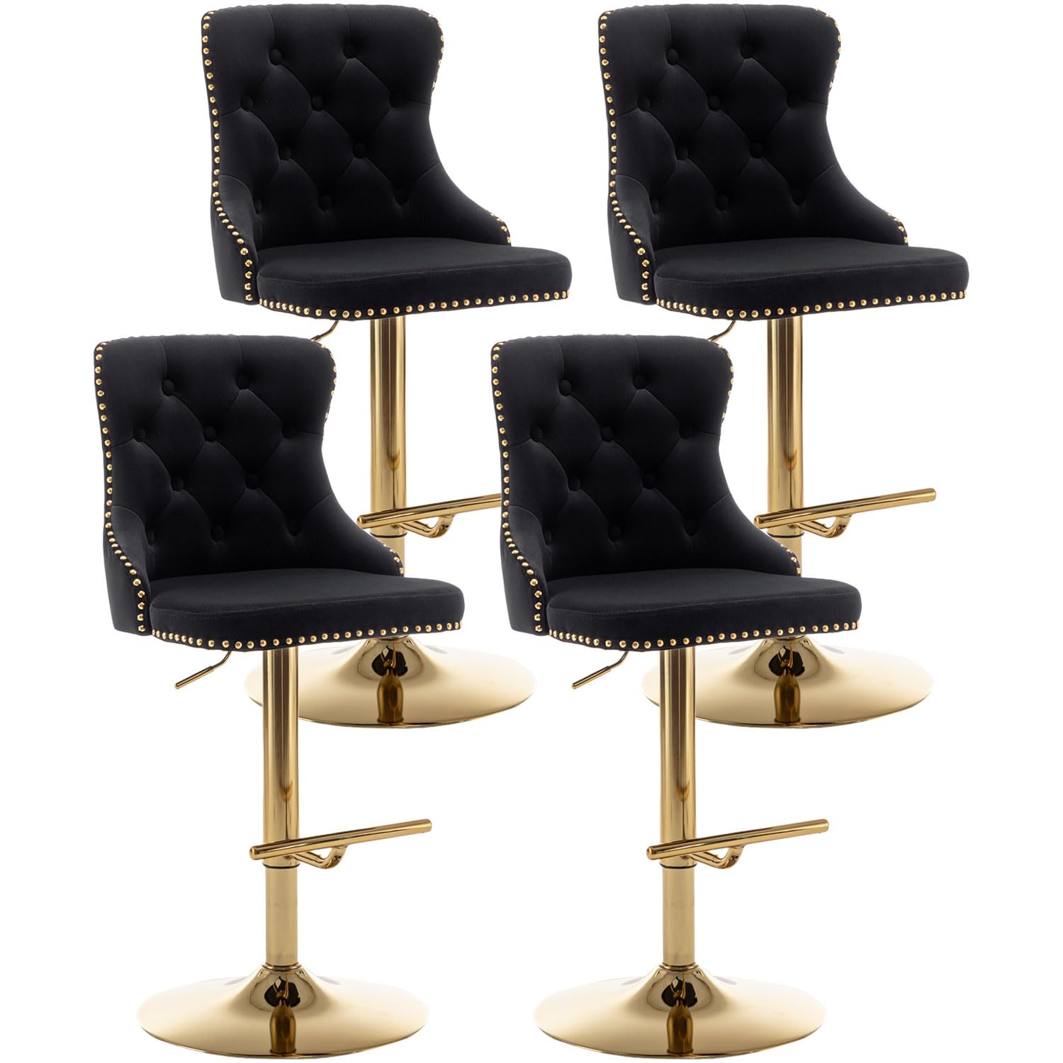 Riknuxi Swivel Bar Stools Set of 4, Counter Height Bar Stools with Button & Nailheads Trim, Gold Velvet Barstools for Kitchen Is