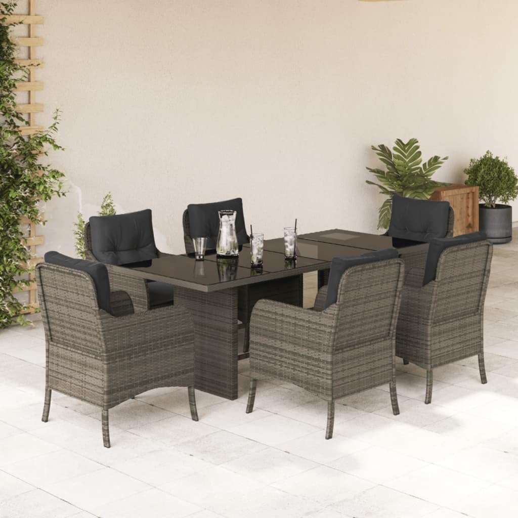 vidaXL 7 Piece Patio Dining Set – Outdoor Gray PE Rattan Furniture with Cushions and Tempered Glass Table for Garden, Backyard, and Patio