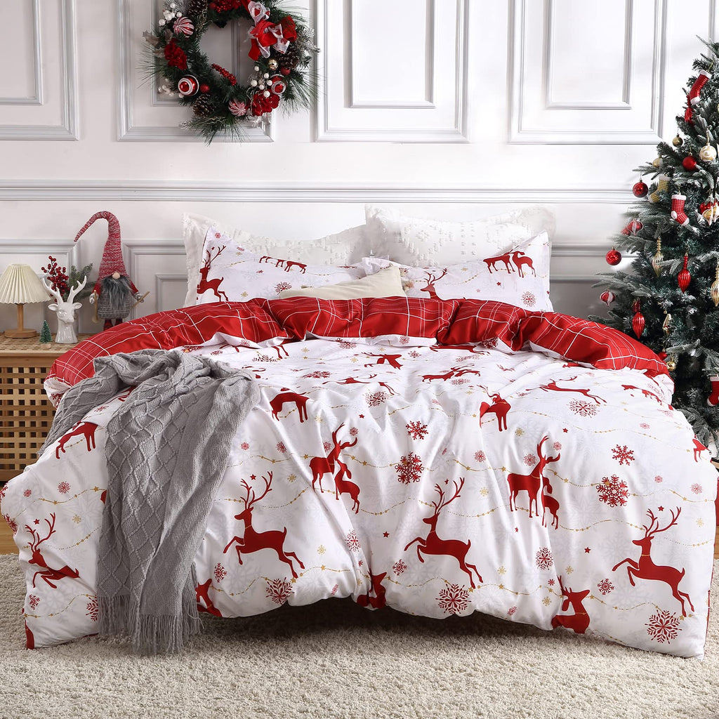 CAROMIO Christmas Duvet Cover Set, Reversible Microfiber Queen Bedding, Red with Reindeer & Snowflake, Includes 2 Pillow Shams