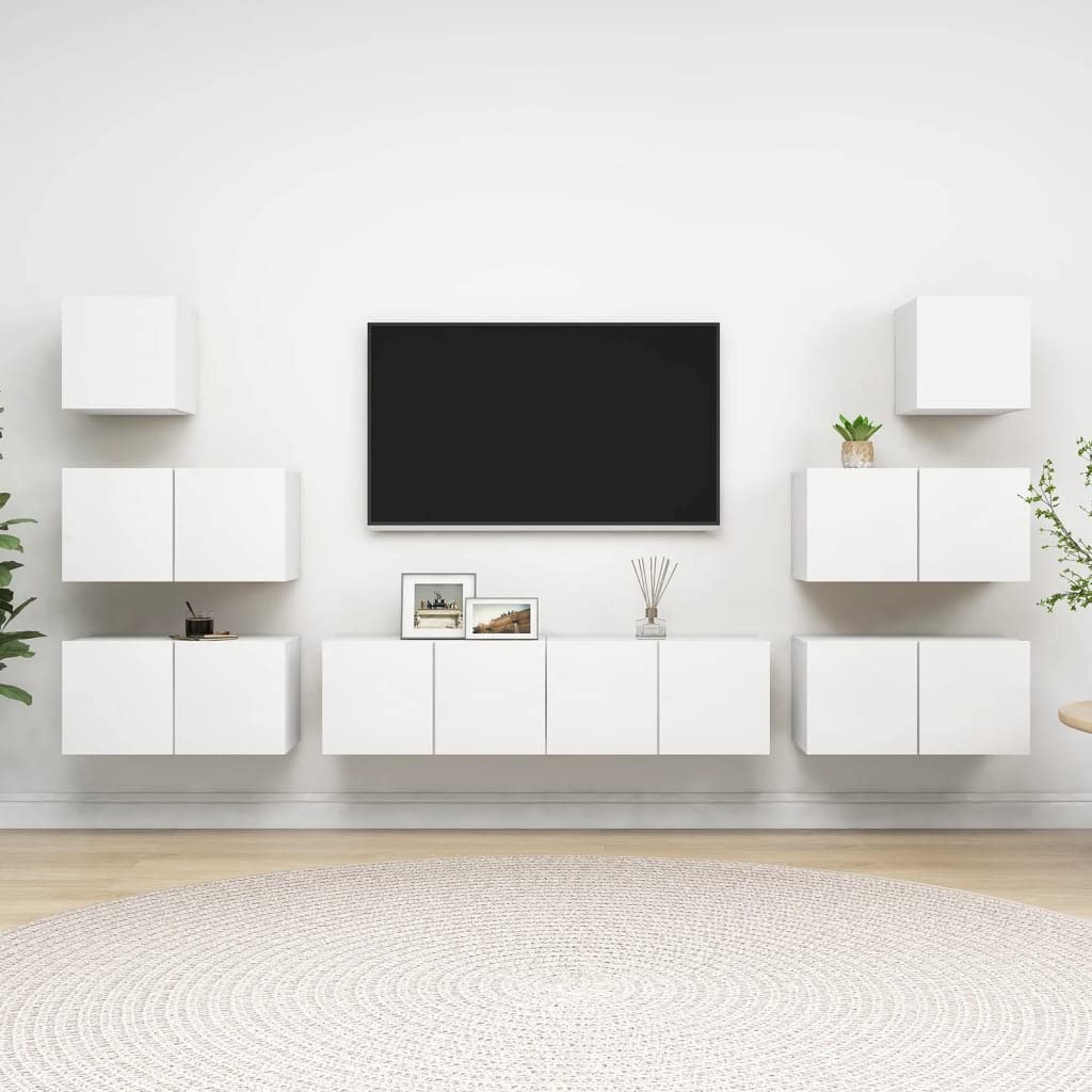 vidaXL TV Cabinet Set 8 Piece Home Indoor Living Room Hanging Wall-Mounted Stereo Plasma HiFi Cabinet TV Unit Furniture White Engineered Wood