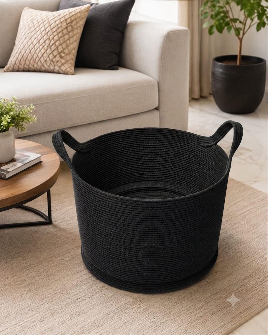 Cotton Rope Laundry Basket with Reinforced Handles, Round Woven Clothes Hamper for Laundry, Blankets, Foldable Home Basket for B