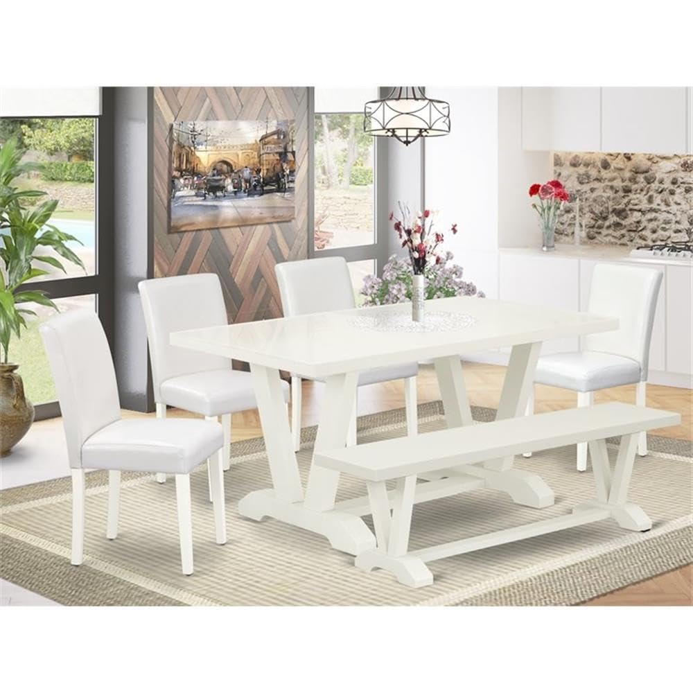 East West Furniture V-Style 6 Piece Room Set Contains A Rectangle Dining Table With V-Legs And 4 White Faux Leather Upholstered Chairs With A Bench, 36X60 Inch, V026Ab264-6
