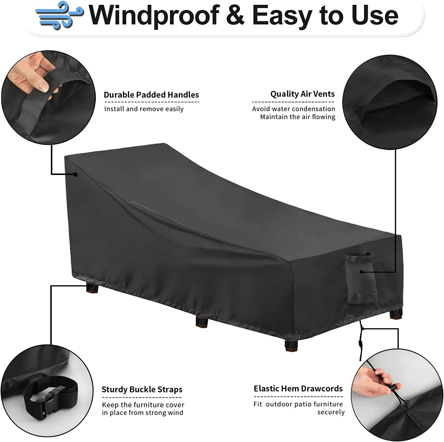 Outdoorlines Outdoor Waterproof Patio Chaise Lounge Chair Cover - Uv Resistant Lounger Covers Heavy Duty Weatherproof Patio Sofa Furniture Covers, 1 Pack, 68Wx30Dx30H Inches, Black