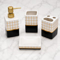 Store2508 White, Black & Gold Grid Design 4 Piece Ceramic Bathroom Accessories Set with Soap Dispenser, 2 Tumblers & Soap Dish,