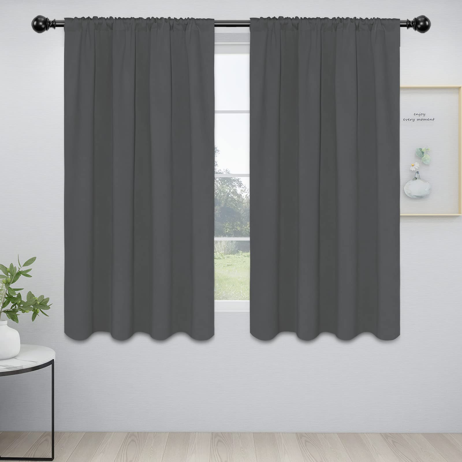 Easy-Going Rod Pocket Blackout Curtains For Bedroom, Room Darkening Window Curtains For Living Room, Thermal Insulated Noise Reduction Solid Window Drapes, 2 Panels(52X56 In, Gray)