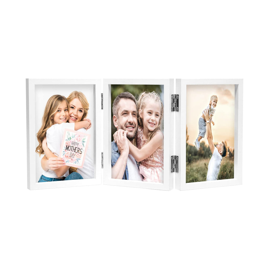 3 Picture Frame 4x6 Triple Hinged MDF Wood with Glass Front Three Opening Photo Frame Stand Vertical on Tabletop, White