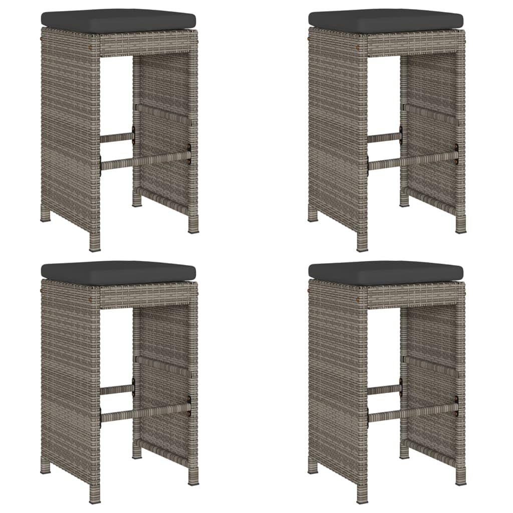 vidaXL Gray Patio Bar Stools with Cushions 4 pcs - Modern Poly Rattan Outdoor Garden Bar Stool, 29.9&quot; H, UV-Resistant & Weather-Resistant, Powder-Coated Steel Frame