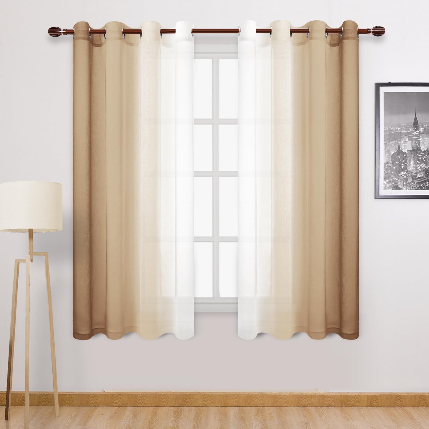 Dwcn Taupe Faux Linen Ombre Sheer Curtains - 63 Inches Long Gradient Semi Voile Curtains For Bedroom And Living Room, Set Of 2 G
