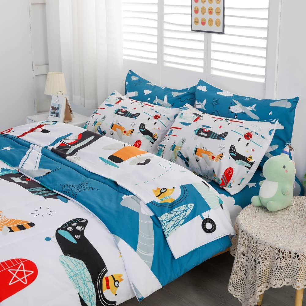 Yasida 7 Piece Airplane Comforter Set For Boys And Girls,Comforters Twin Size Bed In A Bag, Microfiber Kids Bedding For All Seas