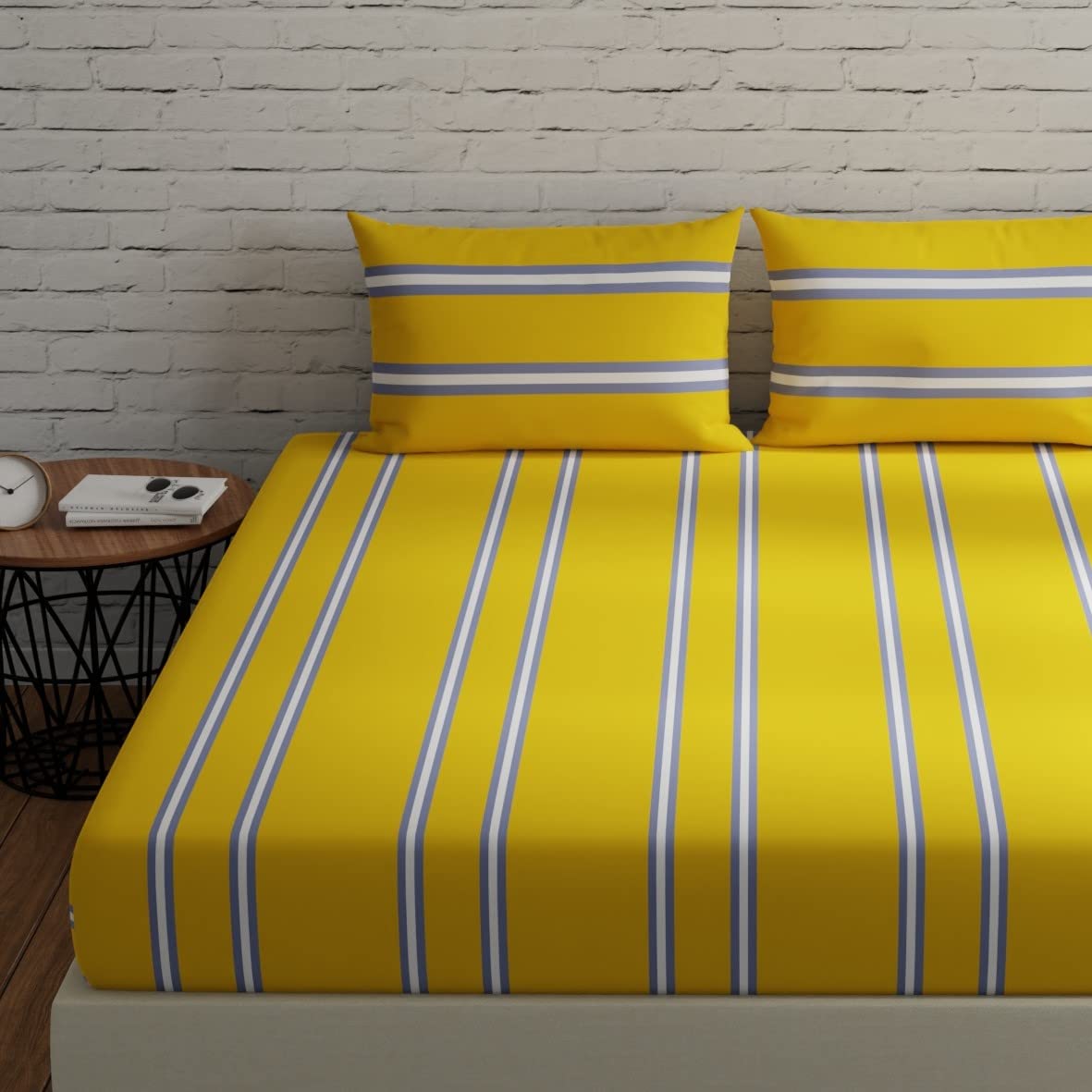 Huesland By Ahmedabad Cotton 144 Tc Double Bed Sheet Queen Size Cotton With 2 Pillow Covers | Striped Yellow & Grey