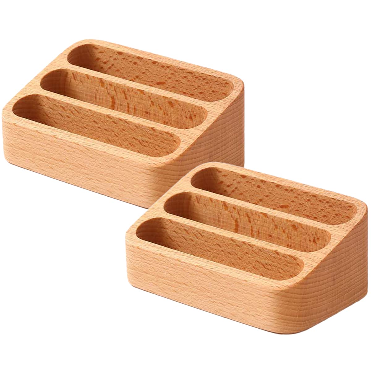 Sizikato 2Pcs Beech Wood Business Card Holder For Desk, 3 Card Slots Business Card Display Holder Stand