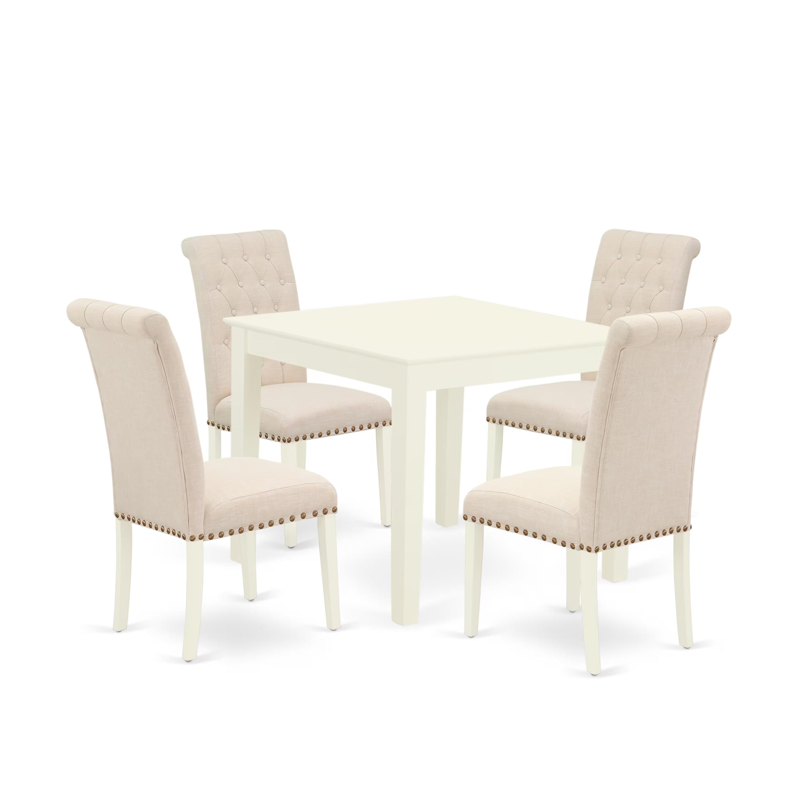 East West Furniture Oxbr5-Lwh-02 5 Piece Kitchen Table Set For 4 Includes A Square Dining Room Table And 4 Light Beige Linen Fabric Upholstered Parson Chairs, 36X36 Inch, Linen White