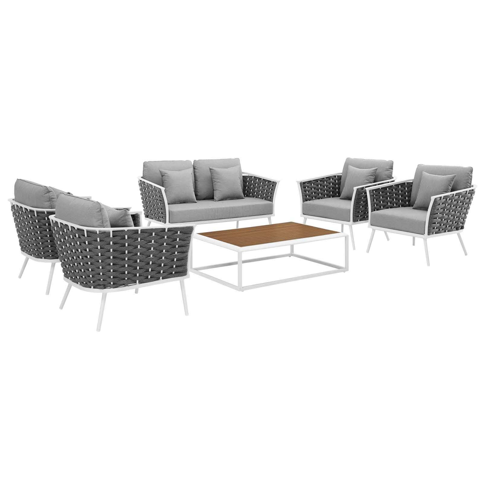 Modway Stance Outdoor Patio Aluminum Sectional Sofa Set, 6 Piece, White Gray