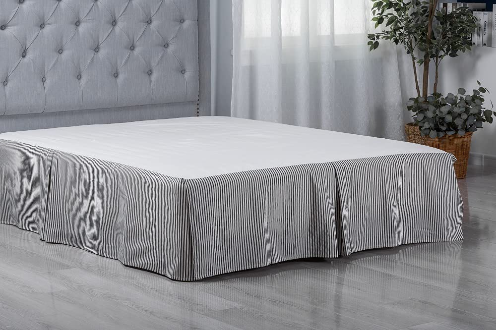 Cotton Bed Skirt King Size, Tailored Bedskirt 16 Inch Drop, Black White Printed Stripe, 78' X 80'.