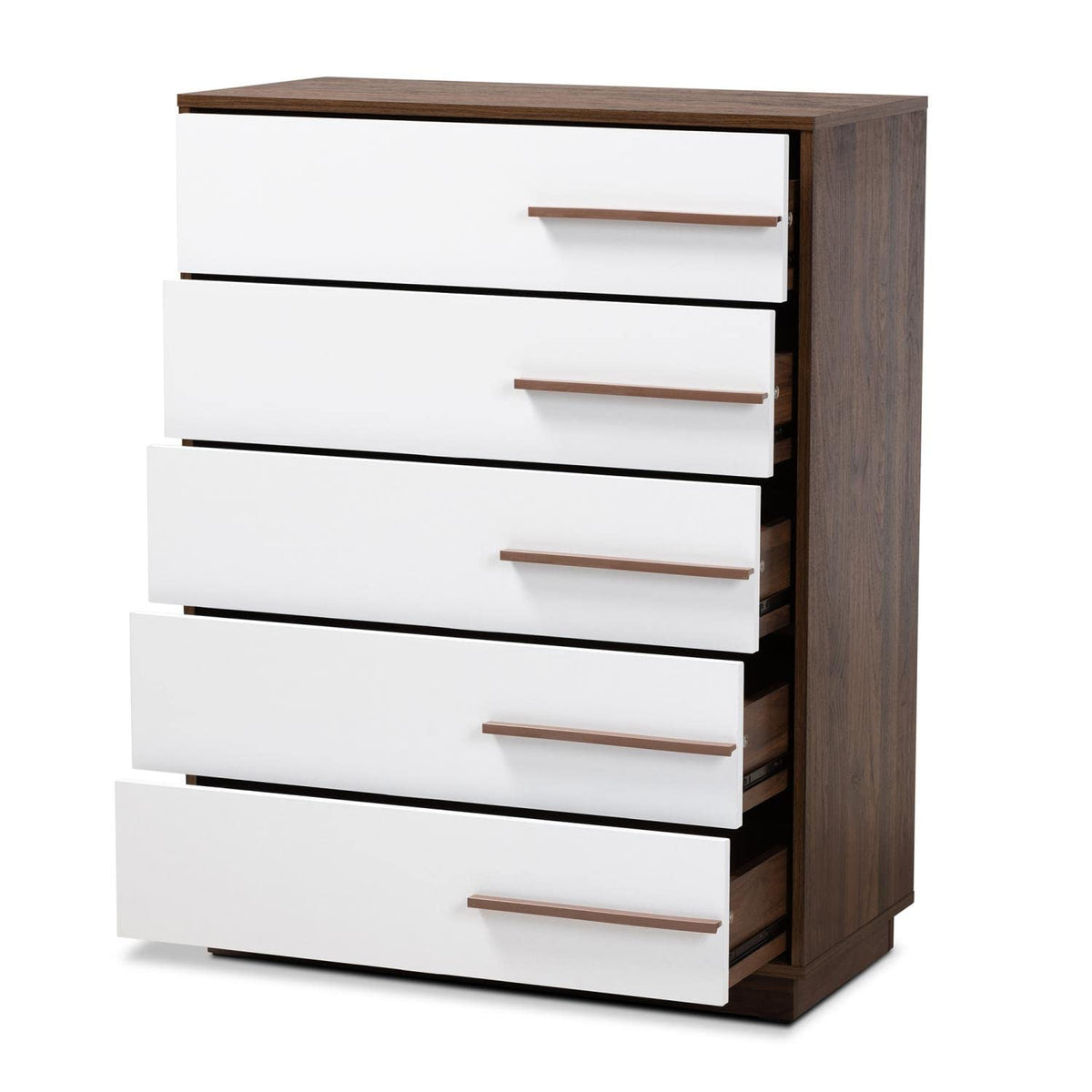 Baxton Studio Mette Mid-Century Modern Two-Tone White and Walnut Finished 5-Drawer Wood Chest