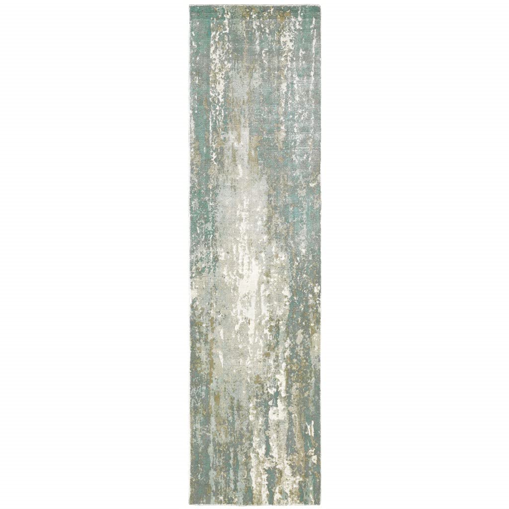 HomeRoots Viscose 3’ x 10’ Blue and Gray Abstract Splash Indoor Runner Rug