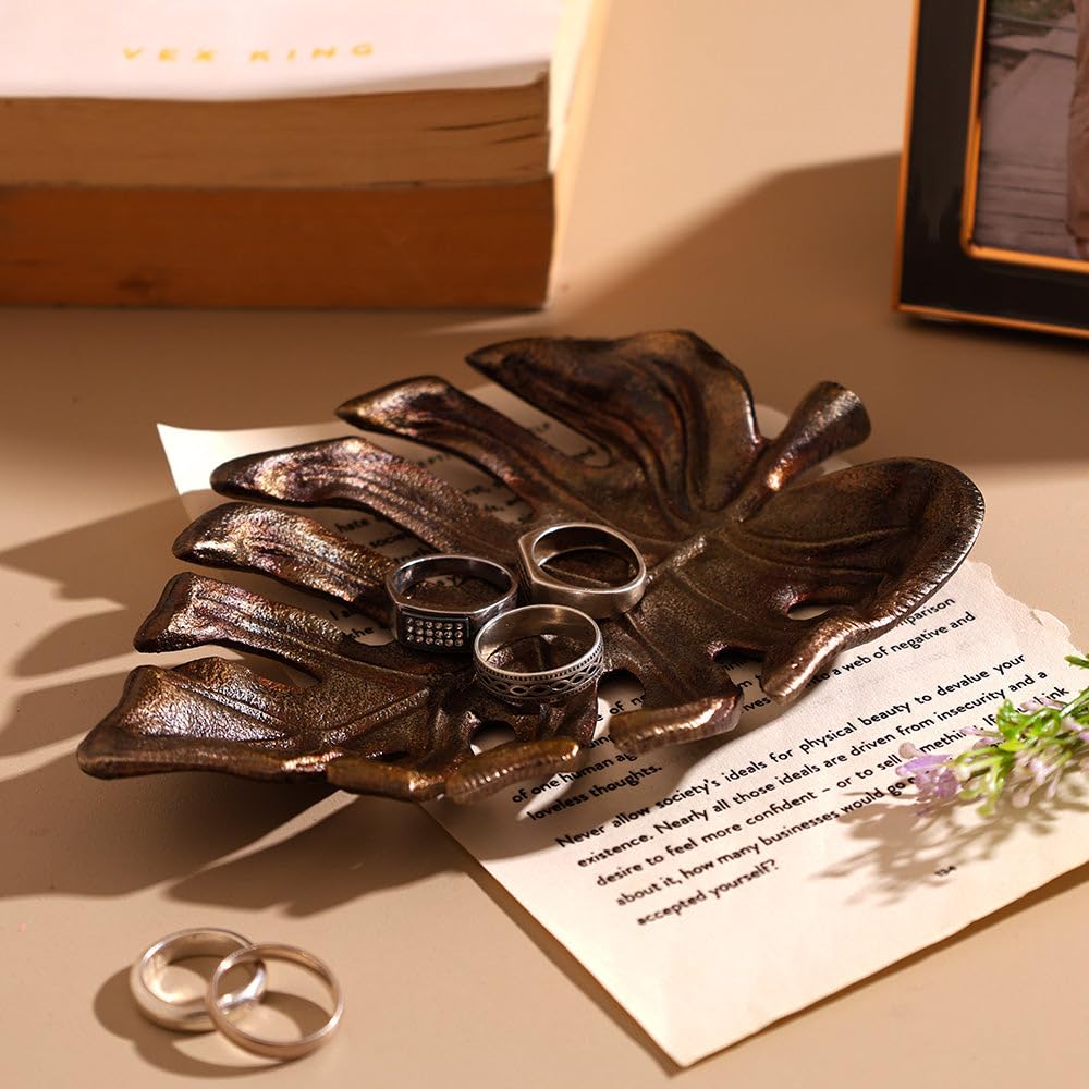 Esq Living Monstera Trinket Dish For Home Decor| Vanity Tray Organiser | Jewellery/Makeup/Table Organizer | Necklace Keys Rings 