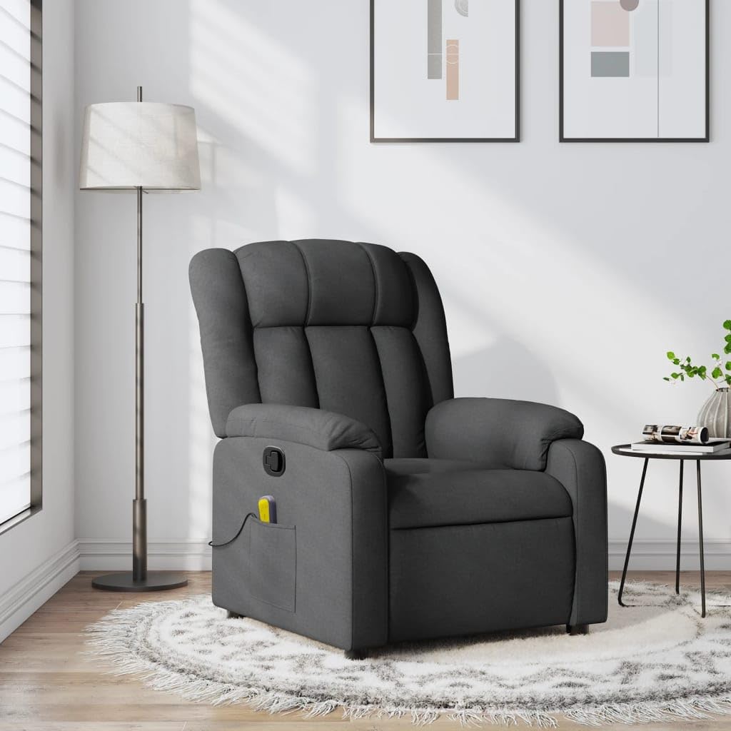 vidaXL Massage Recliner Chair - Dark Gray Fabric | 6-Point Vibration Massage | Thickly Padded | Adjustable Footrest & Backrest | Durable Wood & Metal Frame