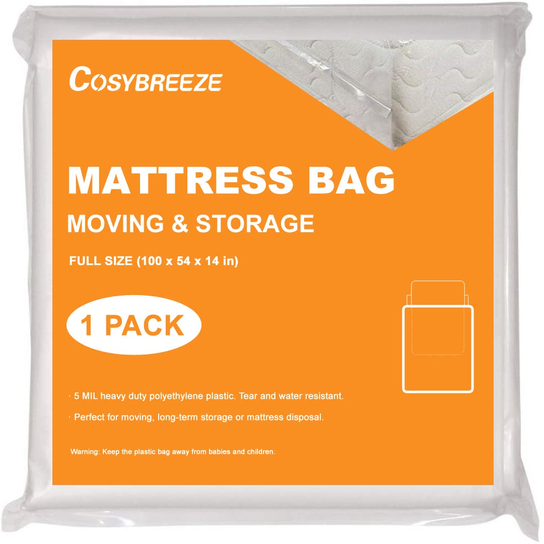 Mattress Bag For Moving And Storage 5 Mil Full Size Mattress Cover 1-Pack - Heavy Duty Waterproof Mattress Protectors For Moving