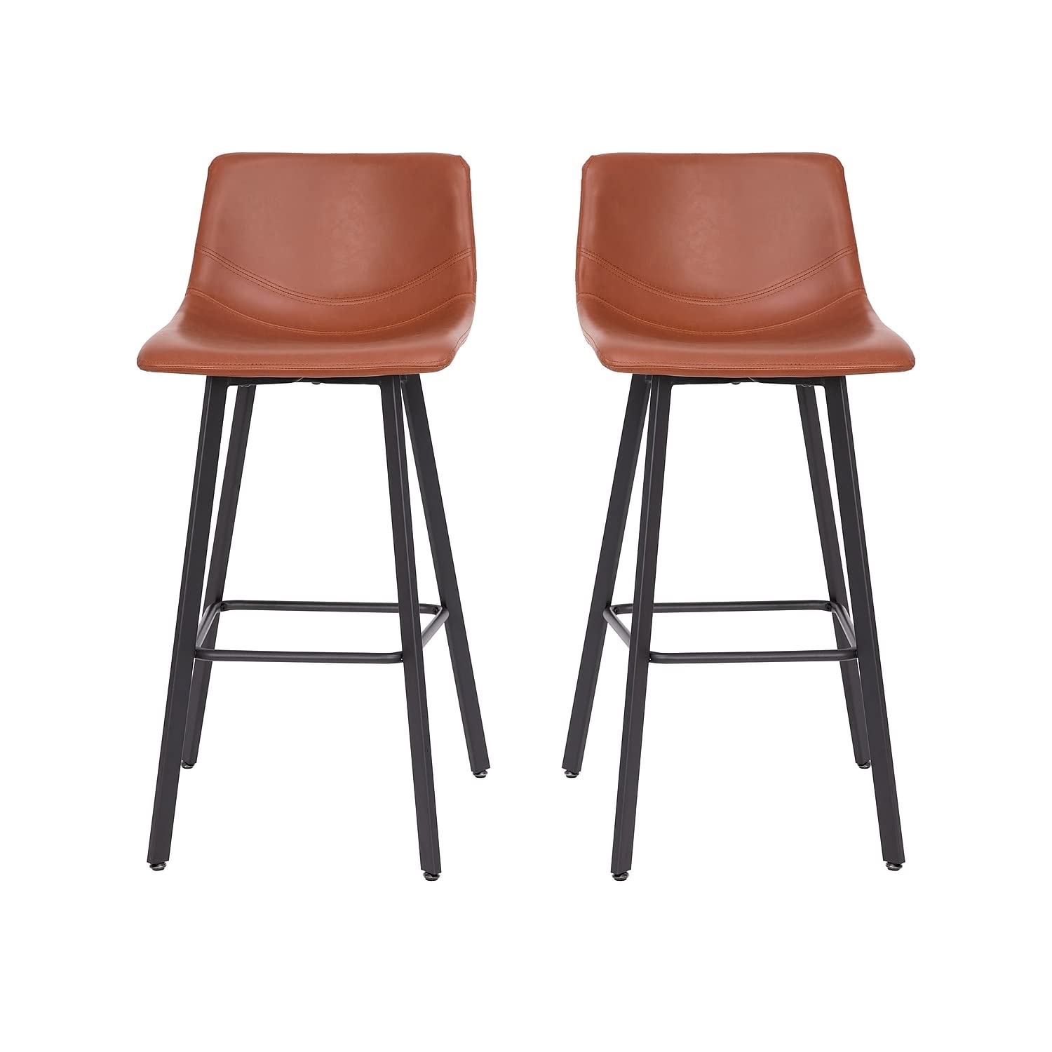 Flash Furniture Caleb Modern Commercial Barstools with Footrests - Cognac LeatherSoft -30 Inch - Black Matte Iron Frame - Armles