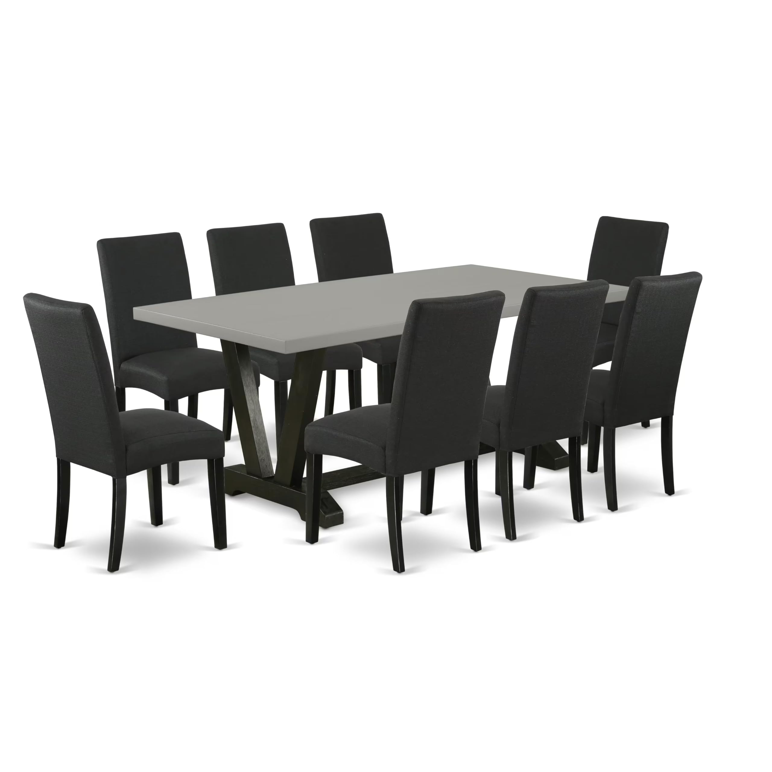 East West Furniture V697Dr124-9 9 Piece Dining Table Set Includes A Rectangle Dining Room Table With V-Legs And 8 Black Color Linen Fabric Upholstered Chairs, 40X72 Inch, Multi-Color