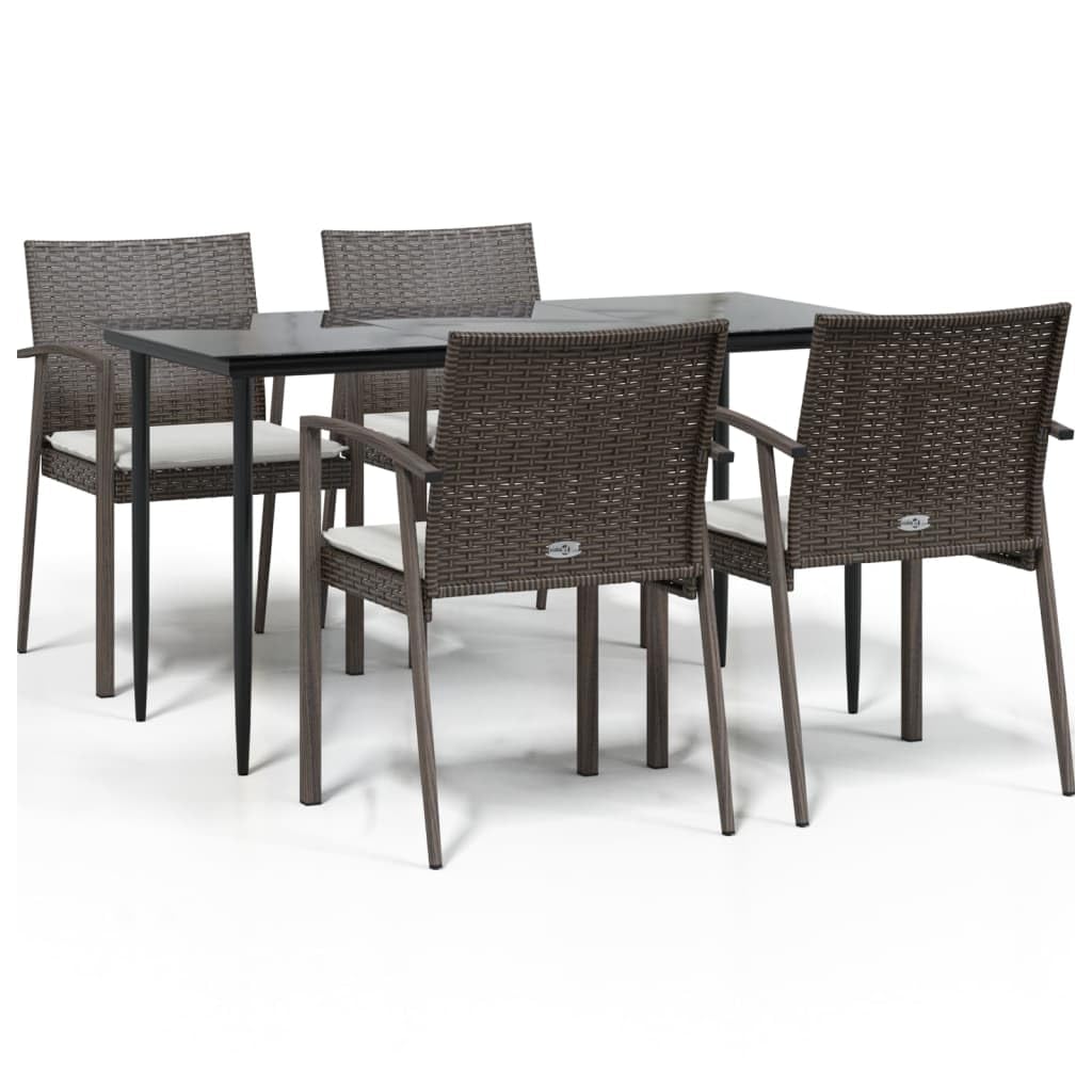 vidaXL Modern 5-Piece Patio Dining Set with Cushions, Poly Rattan and Steel for Garden or Patio, Weather-Resistant, Comfortable Seating with Armrests, Tempered Glass Tabletop