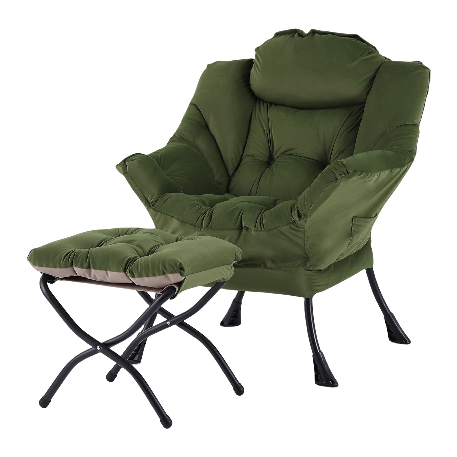 Welnow Lazy Chair with Ottoman, Modern Reading Lounge Accent Chair with Armrests and a Side Pocket, Leisure Upholstered Lazy Sof