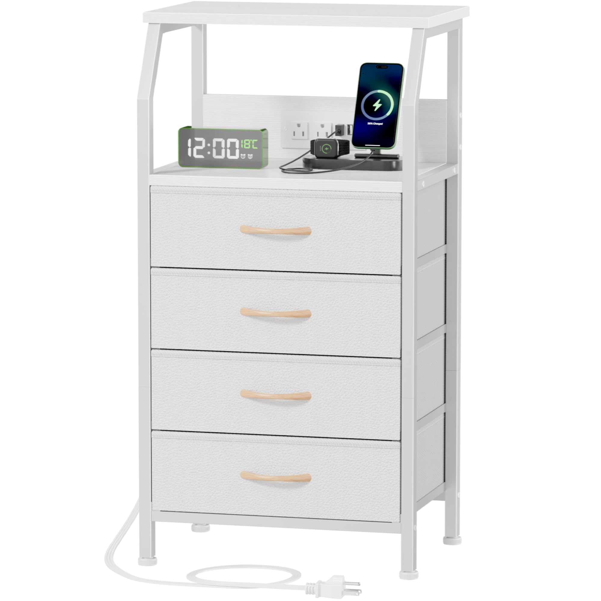 Furnulem Night Stand With Charging Station, Dresser With Pvc & Fabric Drawers, 33.3 Inch Side Table With Open Shelf, Tall Bedside Table For Closet, Entryway, Bedroom Furniture, 3 Ways To Use, White