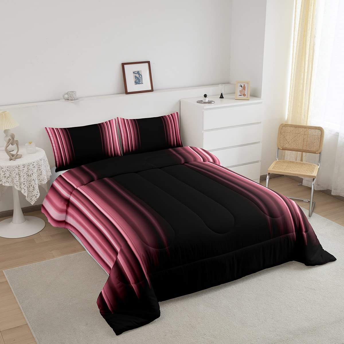 Feelyou Abstract Ombre Comforter Set Kids Teens Pink Black Bedding Set Room Decor 3Pcs Queen Size,Reversible Black Boys